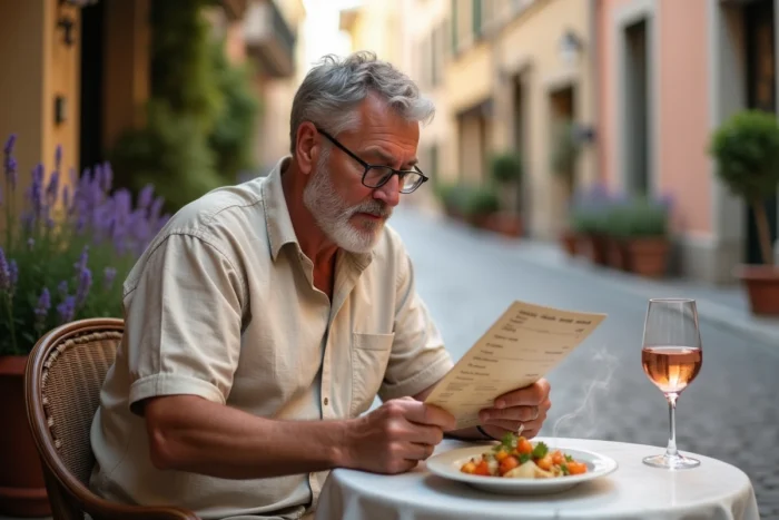 Homme lisant un menu gastronomique en terrasse d'un bistrot français avec une bouillabaisse et un verre de rosé