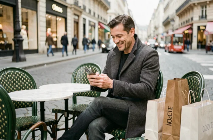 Homme détendu en terrasse de café sur les Champs-Élysées entouré de sacs de shopping de marques parisiennes