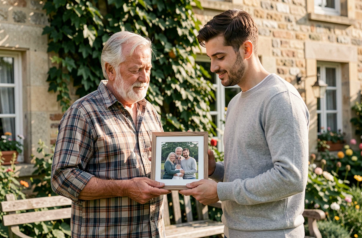 Deux hommes de générations différentes regardant une photo de famille dans un jardin, symbolisant les liens de parenté