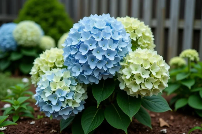 Hortensia aux fleurs devenant vertes dans un jardin d'été, illustration des changements de couleur anormaux