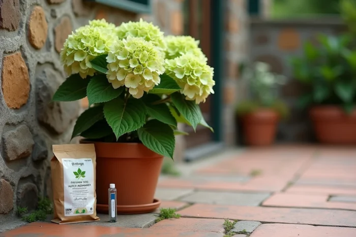 Hortensia en pot aux fleurs vertes sur une terrasse avec kit de test pH et amendement de sol acide