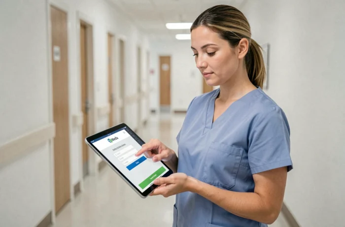 Infirmière accédant au compte Weda sur une tablette dans un couloir d'établissement de santé