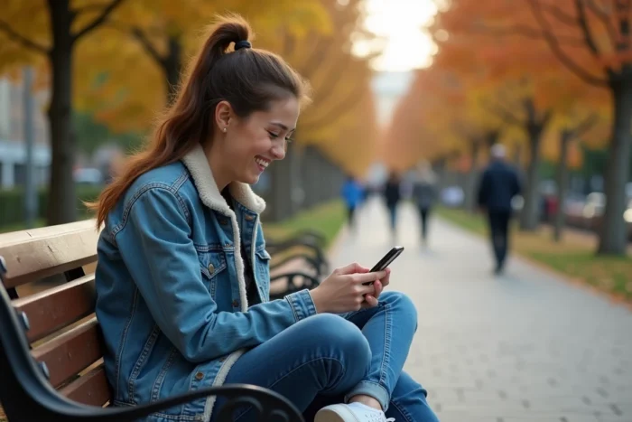 Jeune femme découvrant les tendances et infos insolites de la semaine sur son smartphone dans un parc urbain en automne