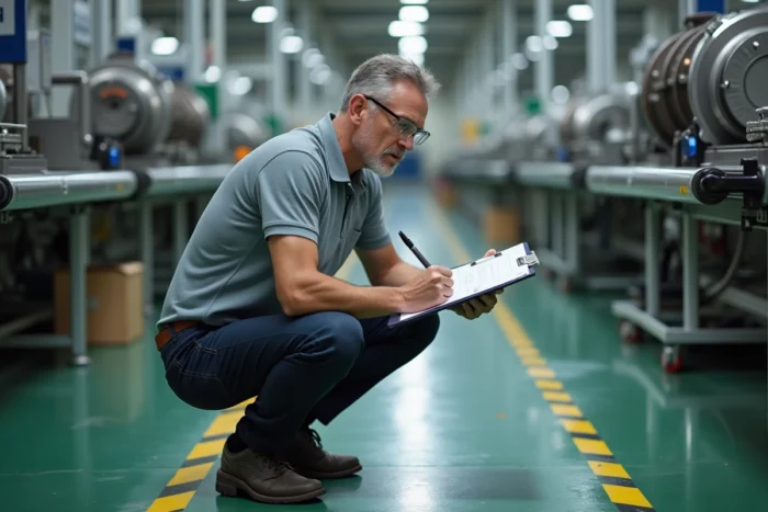 Ingénieur industriel analysant un processus de fabrication avec une liste de contrôle dans une usine dans le cadre d'une démarche Kaizen