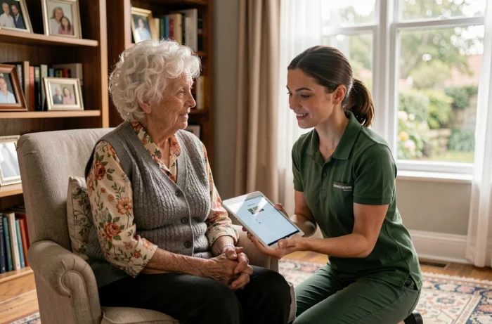 Une aide Green Seniors initie une femme âgée aux outils numériques dans son salon confortable