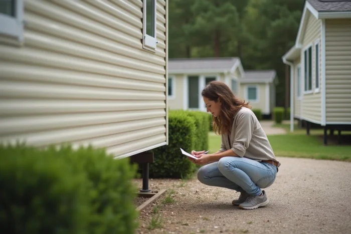 Femme inspectant les fondations d'un mobil home sur sa parcelle de camping avant un achat immobilier