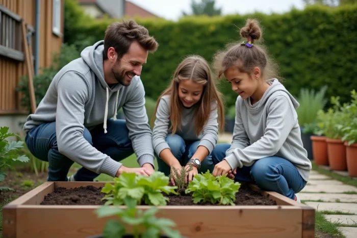 Père et enfants cultivant un potager familial dans un jardin urbain, renforçant l'autonomie et la vie de famille active