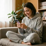 Jeune femme consultant des offres exclusives sur l'application Webtoon depuis son canapé
