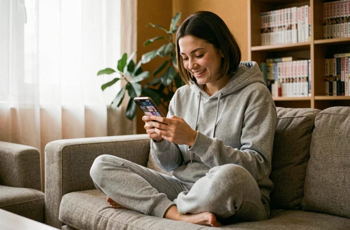 Jeune femme consultant des offres exclusives sur l'application Webtoon depuis son canapé