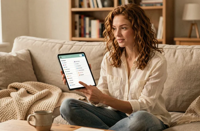 Jeune femme parcourant le sitemap d'un site bien-être sur une tablette dans un salon confortable