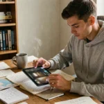 Jeune homme concentré résolvant une énigme de jeu d'évasion sur tablette entouré de notes et d'une carte imprimée
