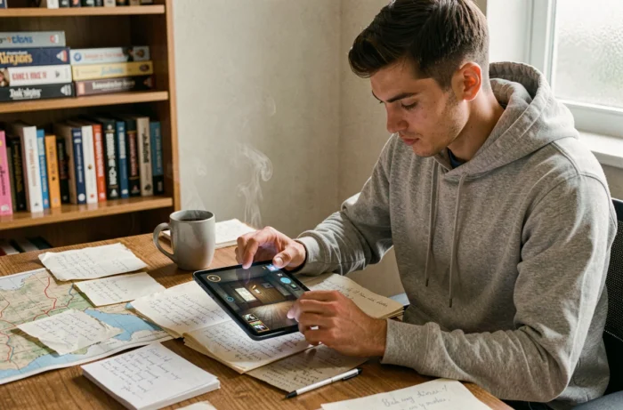 Jeune homme concentré résolvant une énigme de jeu d'évasion sur tablette entouré de notes et d'une carte imprimée