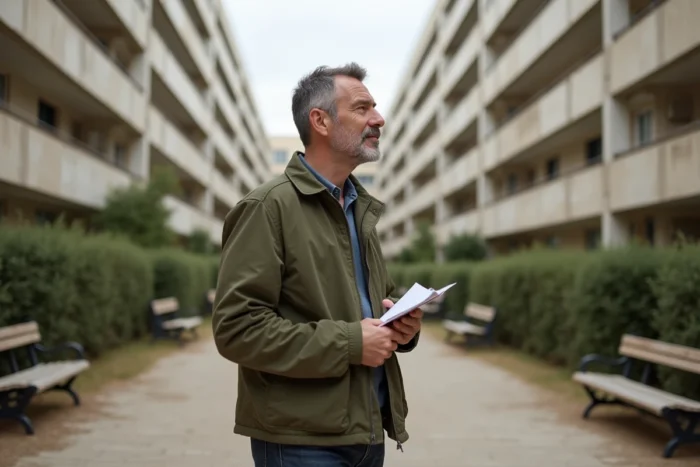 Journaliste en reportage devant une cité HLM à Montpellier pour une enquête sur les zones urbaines sensibles