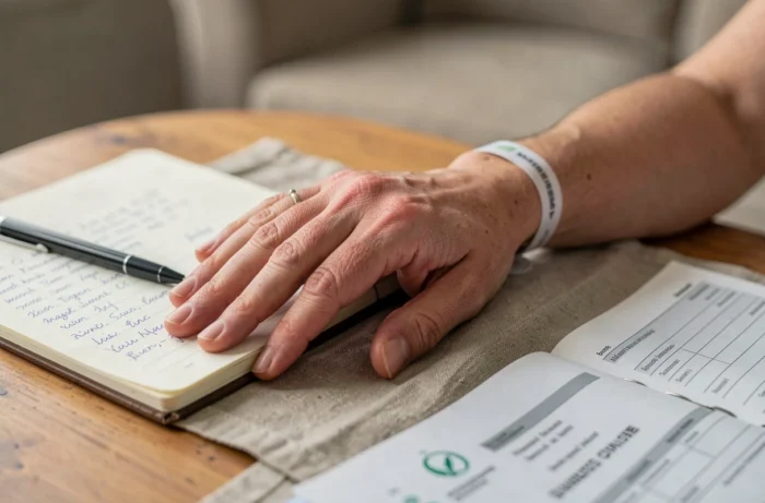 Gros plan d'une main avec bracelet médical posée sur des documents officiels d'invalidité pour algodystrophie
