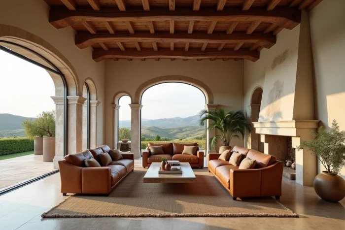 Salon intérieur spacieux avec poutres en bois et sol en pierre d'une villa portugaise de luxe