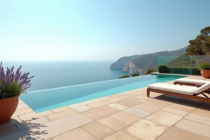 Terrasse en pierre et piscine à débordement d'une villa de luxe avec vue sur l'océan Atlantique au Portugal