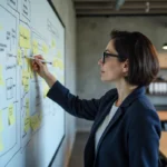 Femme manager expliquant un processus d'amélioration continue devant un tableau blanc avec des diagrammes de flux en entreprise