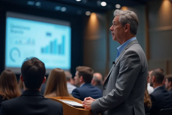 Dirigeant français prenant la parole lors d'une conférence professionnelle devant un public dans une salle moderne