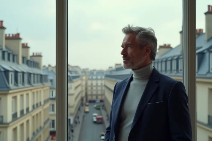Homme d'affaires français influent devant une fenêtre avec vue sur les toits de Paris en arrière-plan