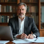 Portrait professionnel d'un dirigeant français influent assis à son bureau dans un bureau parisien élégant