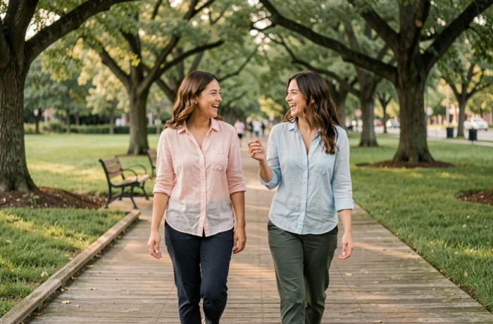 Deux femmes marchant et riant ensemble sur une promenade en bois dans un parc verdoyant, illustrant les bienfaits sociaux et physiques de la marche quotidienne prolongée