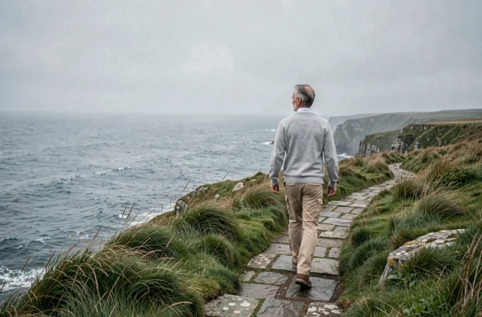 Homme de 55 ans marchant seul sur un sentier côtier au bord des falaises, évoquant les bienfaits physiques et mentaux de la marche prolongée quotidienne