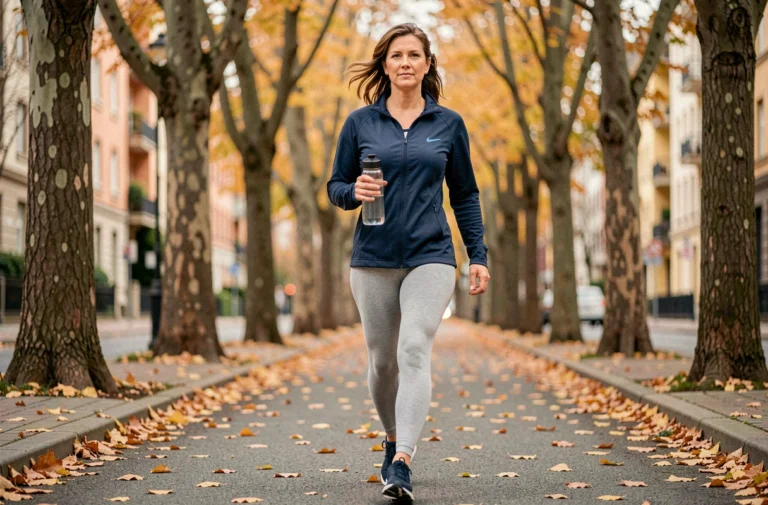 Femme de 40 ans marchant d'un pas vif sur une allée urbaine bordée d'arbres en automne pour illustrer les bienfaits de marcher 8 heures par jour