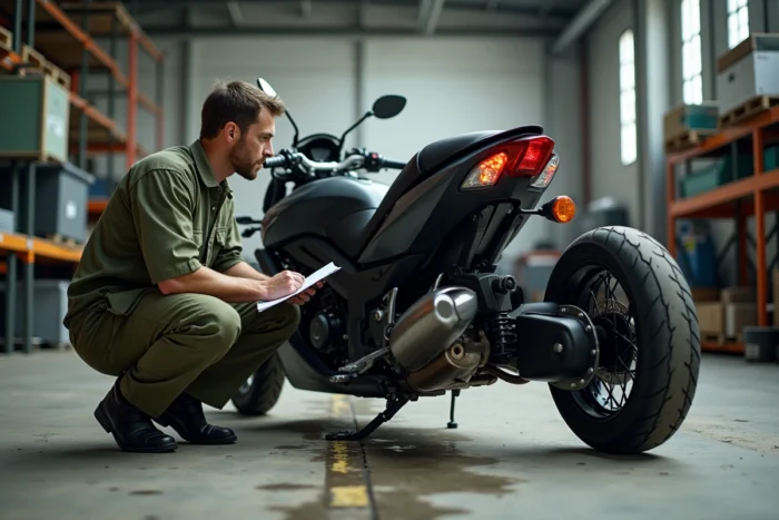 Mécanicien inspectant un trike dans un garage de contrôle technique agréé pour homologation en France