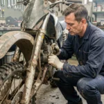 Mécanicien inspectant le carburateur d'un dirt bike dans un atelier de mécanique moto tout-terrain