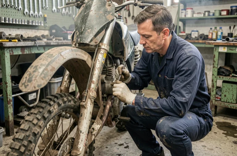 Mécanicien inspectant le carburateur d'un dirt bike dans un atelier de mécanique moto tout-terrain