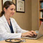 Médecin généraliste accédant à son compte Weda en ligne sur un ordinateur portable dans son cabinet médical