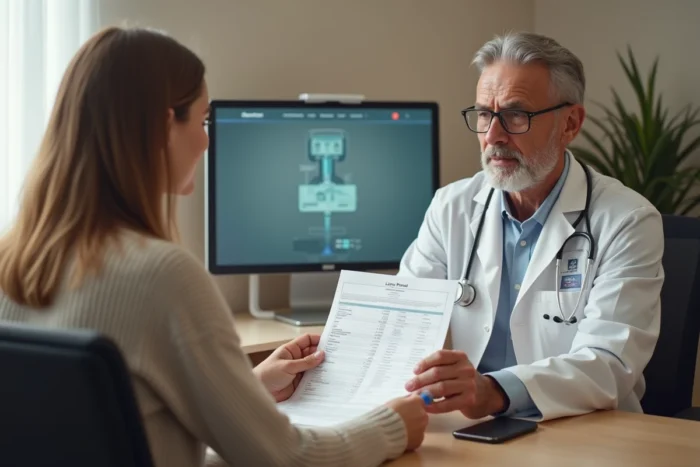 Médecin expliquant les résultats d'un bilan lipidique avec un sérum opalescent à une patiente lors d'une consultation médicale