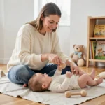 Jeune mère jouant avec son bébé de 4 mois sur un tapis d'éveil en lin dans un salon chaleureux