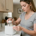 Jeune mère utilisant un chauffe biberon électrique avec un biberon MAM dans une cuisine moderne