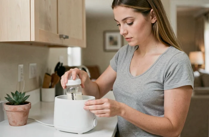 Jeune mère utilisant un chauffe biberon électrique avec un biberon MAM dans une cuisine moderne