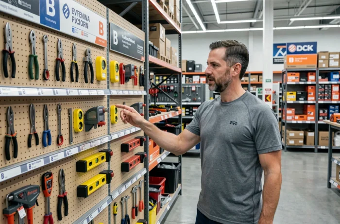 Homme présentant un mur d'outils professionnels commençant par B dans un magasin de bricolage