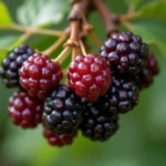 Gros plan sur des mûres de mûrier platane mûres accrochées à une branche avec des feuilles vertes texturées