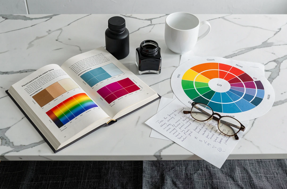 Nature morte sur marbre blanc avec livre de physique, encre noire et roue chromatique illustrant la question scientifique des couleurs blanc et noir
