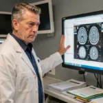 Neurologue examinant une IRM cérébrale montrant des lésions de leucopathie Fazekas 2 dans un service de radiologie hospitalière