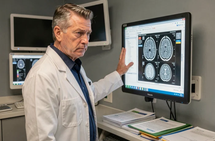 Neurologue examinant une IRM cérébrale montrant des lésions de leucopathie Fazekas 2 dans un service de radiologie hospitalière