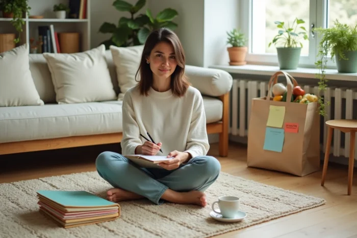 Femme organisant le quotidien familial avec un planning hebdomadaire dans un salon ordonné et chaleureux