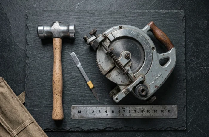 Vue à plat d'outils de bricolage en M posés sur ardoise, incluant maillet, scie à onglet et mètre ruban