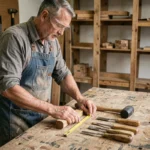 Artisan bricoleur organisant des outils en M sur un établi en bois dans un atelier authentique