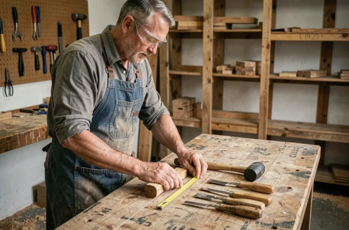 Artisan bricoleur organisant des outils en M sur un établi en bois dans un atelier authentique