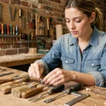 Femme artisane examinant des outils essentiels commençant par B dans un atelier en bois organisé