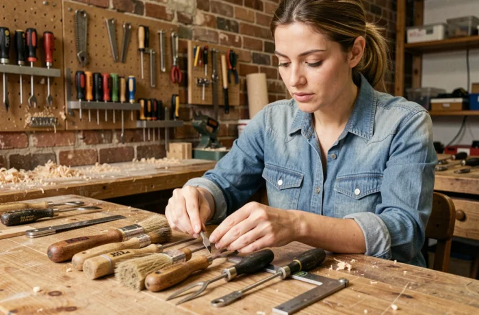 Femme artisane examinant des outils essentiels commençant par B dans un atelier en bois organisé