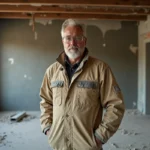Ouverture d'un mur porteur dans une maison en rénovation avec poutre métallique visible et ouvrier expérimenté