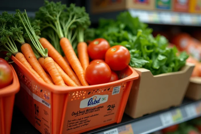 Panier anti-gaspi Lidl rempli de fruits et légumes imparfaits avec des étiquettes de réduction de prix en supermarché