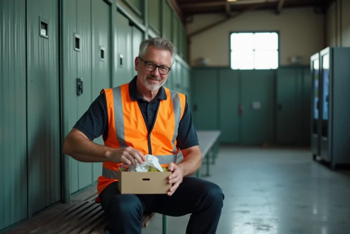 Ouvrier logistique en pause déjeuner dans une zone de repos industrielle avec panier repas fourni