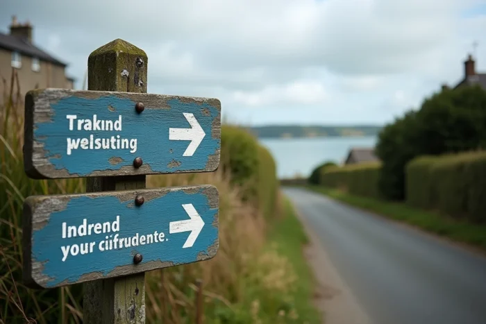 Panneau de signalisation parking en bois peint à l'entrée du village de Saint Cado en Bretagne